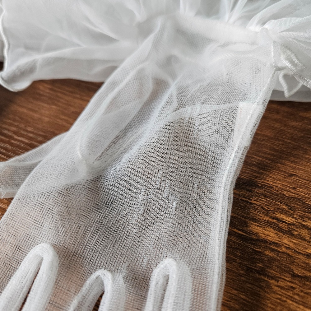 White Sheer Mesh Ruffle Cuff Gloves Bridal Wedding Coquette Ribbon Wrist Short - Picture 2 of 5